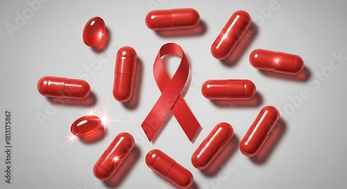 Red ribbon surrounded by red capsules on a light background, symbolizing HIV/AIDS awareness, prevention, and treatment.