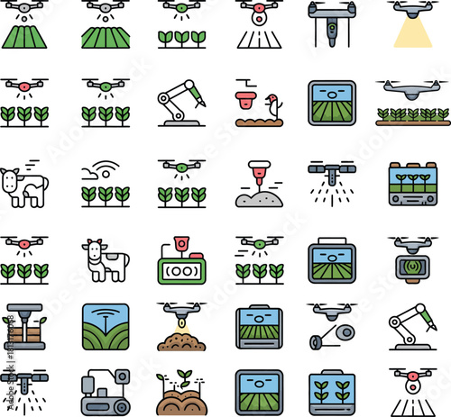 Smart Farming and Agricultural Technology Icon Set Keywords: smart, farming, agriculture, technology, icon, set, drone, robot, cow, plant, growth