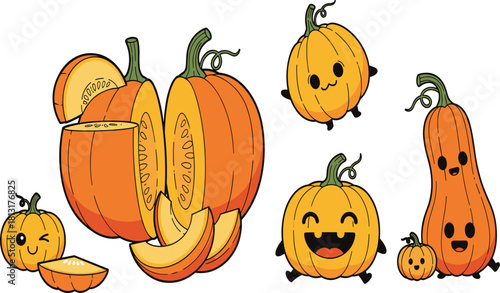 Cartoon pumpkin illustration, jack o lantern faces, cute halloween squash characters, funny vegetable artwork, autumn seasonal design, spooky holiday decoration vector