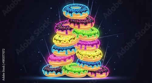 Tower of brightly illuminated confectioneries with colorful glaze stacked against a dark background
