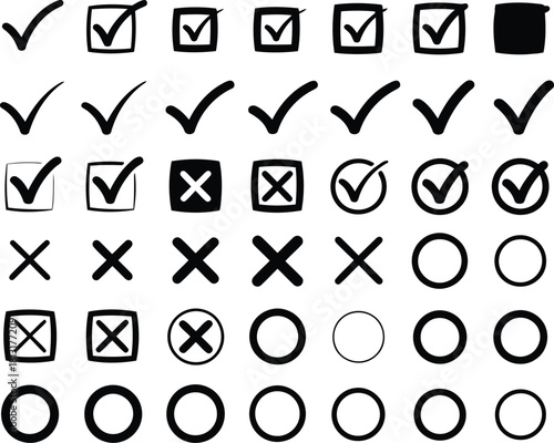 Tick, Cross, and Circle Icons HandDrawn Check Marks, X Symbols, and Rings