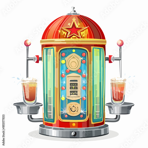 Retro Soda Dispenser Machine with Red and Gold Accents Dispensing Two Fizzy Drinks into Glasses with Sparkling Bubbles and Star Emblem on Top