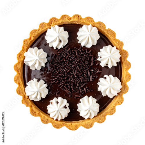 Chocolate Tart Delight: An exquisite top-down perspective captures a decadent chocolate tart, adorned with delicate swirls of cream and chocolate shavings.