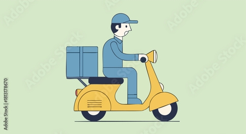 A Food Delivery Courier Riding a Yellow Motor Scooter with an Insulated Box on the Back