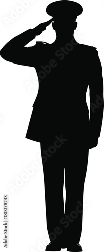 Black silhouette of military officer saluting, army soldier in uniform standing tall, isolated vector illustration on white background for patriotic design projects.