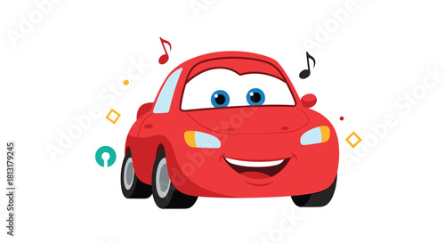 A friendly red cartoon car with sparkling eyes and a cheerful smile drives along, surrounded by musical notes, symbolizing joy and fun.