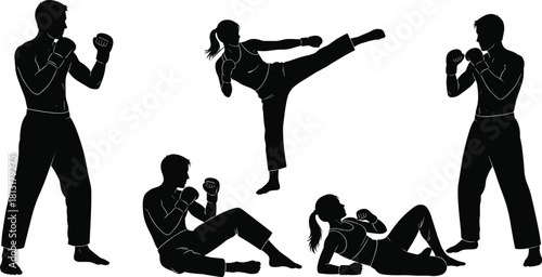 Black silhouettes of fighters, mixed martial arts poses including high kick, boxing stance and floor defense, isolated vector for sports design.