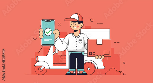 A Happy Delivery Courier Showing an Order Confirmation on a Smartphone After a Successful Delivery
