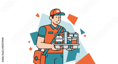 A Delivery Courier Carrying Multiple Cold and Hot Drinks in a Disposable Beverage Carrier Tray