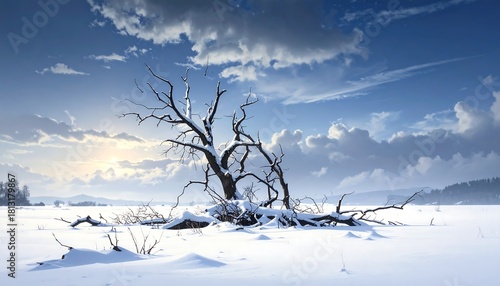 Winter landscape with a snow-covered field and a bare tree under a beautiful cloudy sky