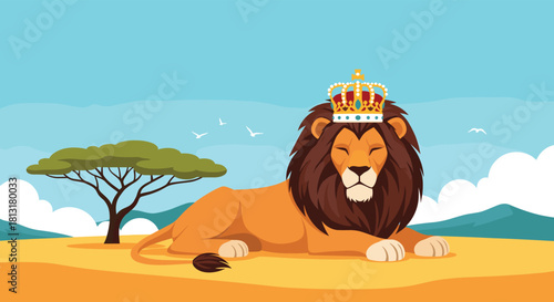 A majestic lion wearing a golden crown rests peacefully in a serene African savanna landscape with an iconic acacia tree under a blue sky.