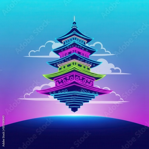 Wallpaper Mural Stylized neon illuminated pagoda structure hovers above a horizon under a vibrant twilight sky Torontodigital.ca
