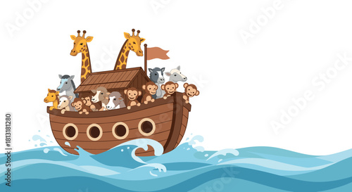 A vibrant cartoon illustration featuring Noah's Ark, packed with pairs of animals including giraffes and monkeys, happily sailing on blue waves.