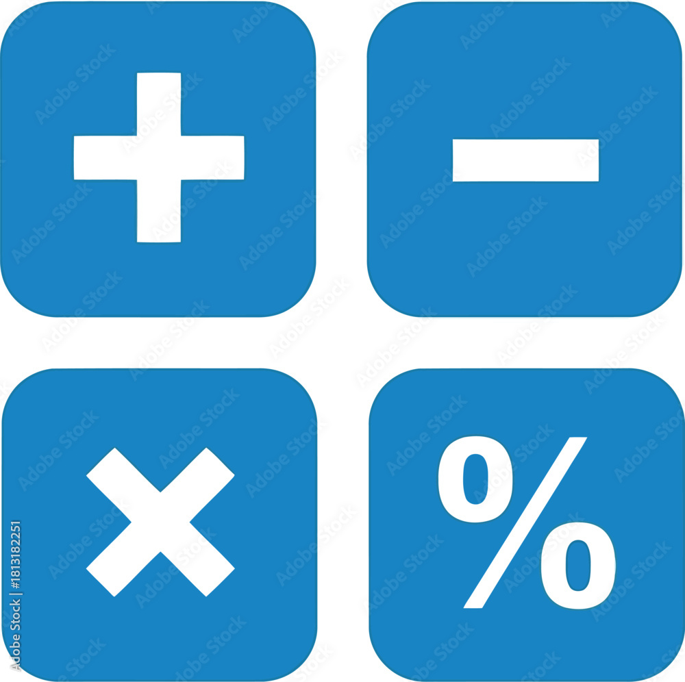 Fototapeta premium Calculator math symbols icon set: plus, minus, multiply, percentage. blue square icons