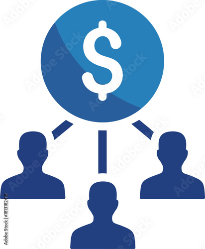 Financial distribution network icon: money sharing, investment, revenue, crowdfunding model