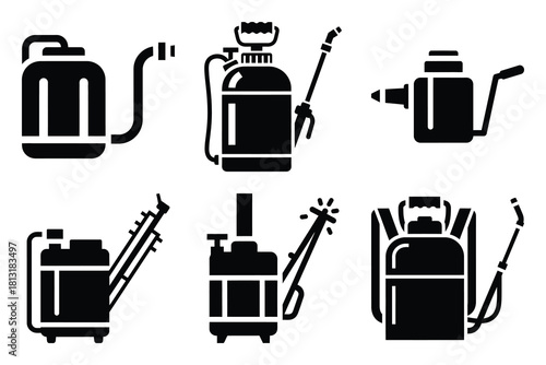 simple farm  fertilizer sprayer symbol silhouette icon set. Agriculture, farming silhouette icons