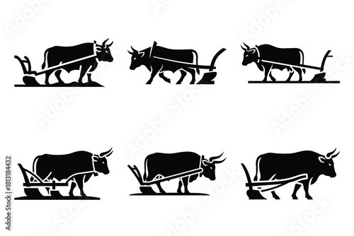 simple farm  ox plowing symbol silhouette icon set. Agriculture, farming silhouette icons