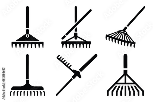 simple farm  rake tool symbol silhouette icon set. Agriculture, farming silhouette icons