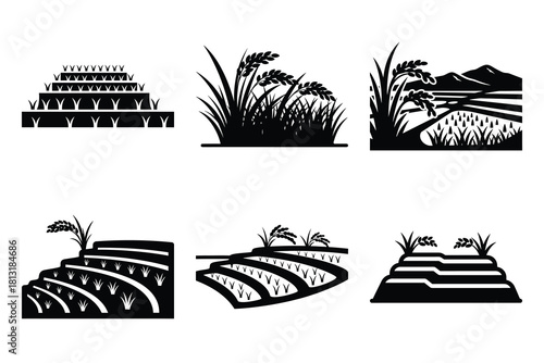 simple farm  rice field symbol silhouette icon set. Agriculture, farming silhouette icons