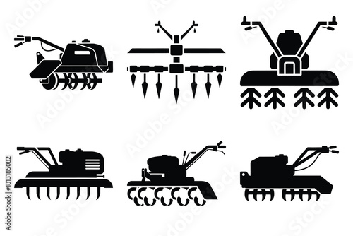simple farm  soil tiller machine symbol silhouette icon set. Agriculture, farming silhouette icons