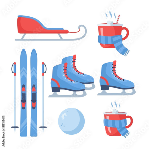 Winter sports equipment icons including skis, sled, ice skates, hockey puck, and protective helmet for cold season activities