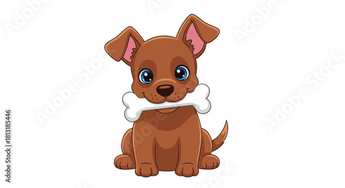 A cute cartoon brown puppy with bright blue eyes sits happily, holding a white bone in its mouth, isolated on a white background.