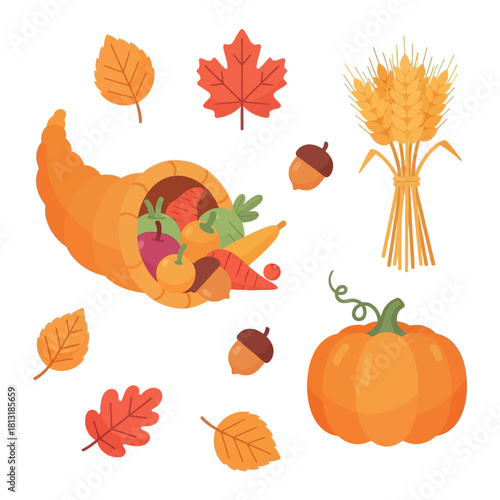 Autumn harvest themed icons including cornucopia, pumpkins, leaves, wheat, and seasonal vegetables
