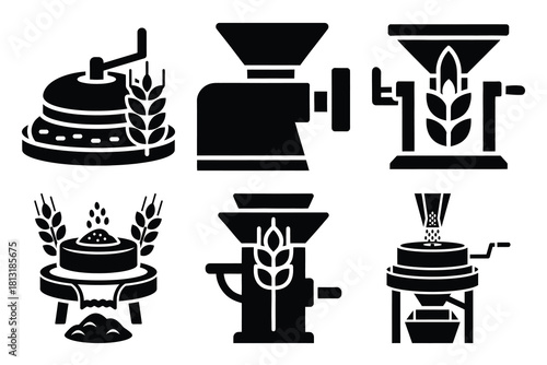 simple farm  wheat grinding symbol silhouette icon set. Agriculture, farming silhouette icons