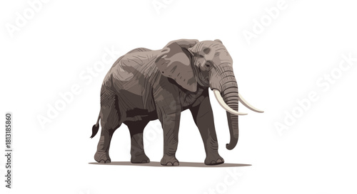 An intricate pixel art illustration of a grand African elephant with impressive tusks, depicted in a walking pose on a crisp white background.