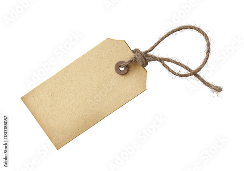 Blank brown cardboard price tag hanging on a natural rope string isolated on white background for a retail sale label or gift note
