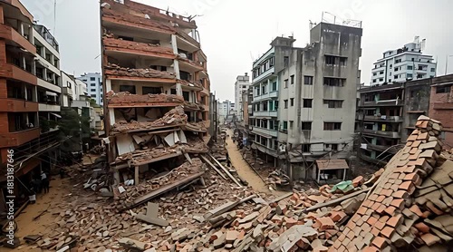 Devastating aftermath of a massive building collapse or earthquake showing piles of red brick rubble and ruined concrete structures in a dense urban city center