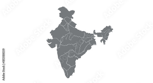 Monochrome vector illustration of the Republic of India's political map showing detailed state and union territory borders, isolated on a white background