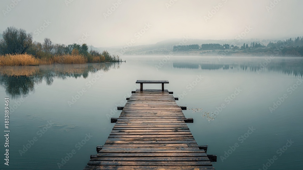 Obraz premium Tranquil lakeside with long wooden pier stretching into calm water, misty morning light and distant hills create scenic retreat, inviting adventure seekers to explore peaceful rural destination.