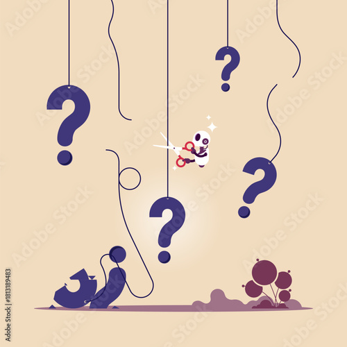 Artificial intelligence to help solve problem or business solution concept, smart robot uses scissors and cutting the problems hanging around, overcoming obstacles