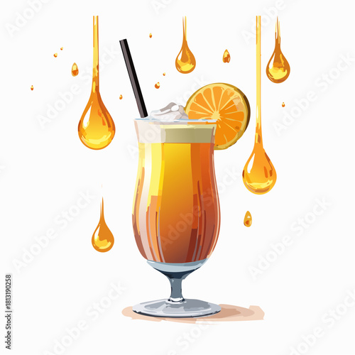 Vibrant Orange Cocktail with Whipped Cream and Orange Slice Garnished with Falling Orange Drops Against a White Background with a Black Straw and Ice Cubes