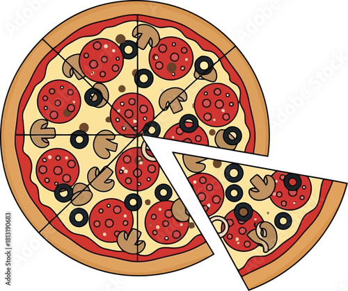 Delicious pepperoni mushroom olive pizza slice cut isolated food appetizing italian cuisine vector