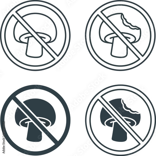 Set of four hand drawn icons prohibiting mushrooms in circles with diagonal lines stop symbols vector