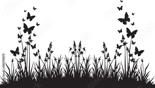 Black silhouette of grass and butterflies on white background