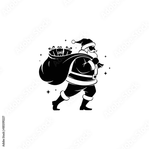 Santa Claus carrying a sack full of gifts on his back.