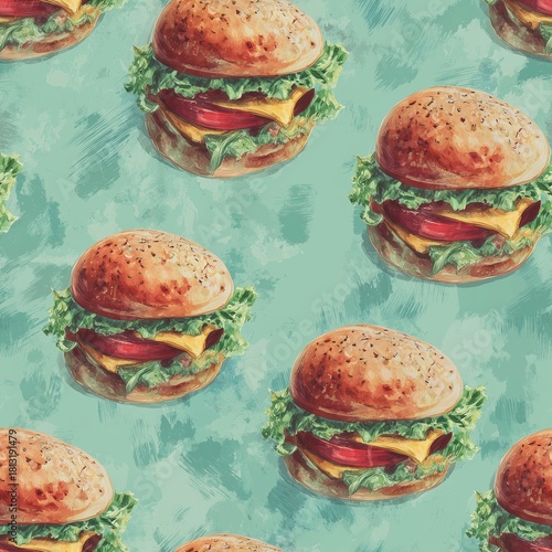 Illustration with a seamless burger pattern fresh sandwiches with cheese, lettuce and tomatoes on a turquoise background