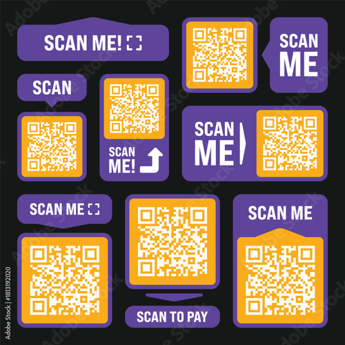 Graphic pack featuring different styles of QR code visuals and accompanying calls to action like "Scan to Pay" and "Scan Me!", rendered in a vibrant purple and orange palette