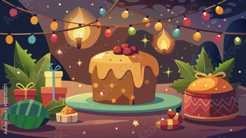 Festive Christmas atmosphere featuring a delicious pudding on a plate surrounded by colorful decorations, gifts, and twinkling lights creating a warm holiday ambiance