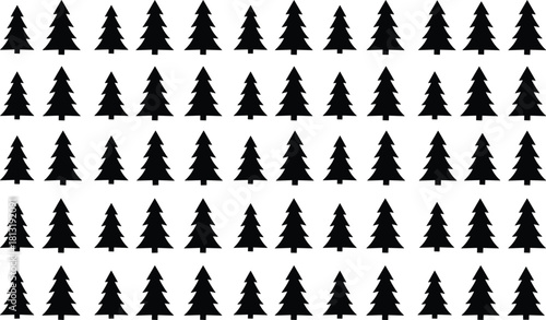 Seamless grid pattern of black pine tree silhouettes, evergreen forest background, Christmas holiday decoration, winter woodland texture, abstract nature design