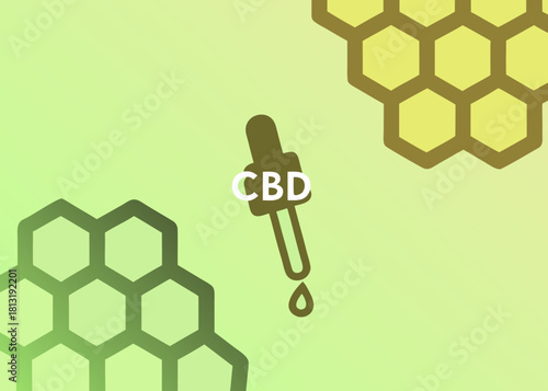 Medical aesthetic vector illustration of a CBD oil dropper, surrounded by honeycomb patterns, symbolizing natural wellness and holistic health benefits