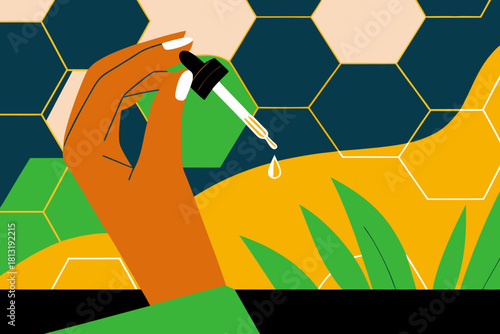 Medical aesthetic vector illustration of hand holding of CBD oil dropper, with vibrant colors and geometric shapes, showcasing the essence of beauty and wellness in a modern design