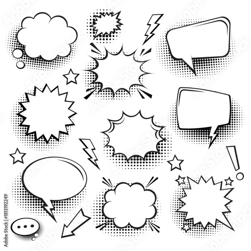 Graphic pack of classic cartoon speech balloons and explosive text frames, accented with dotted shadows and small decorative elements like stars