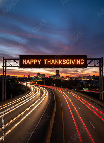 Image of a highway with light streaks from cars at dusk.The sign reads quot;Happy Thanksgiving", representing holiday travel and celebration, Dusk Highway Travel / Holiday Road Trip