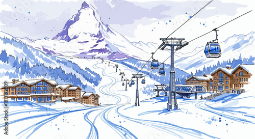 Picturesque Alpine Ski Resort Watercolor Illustration with Majestic Mountain Peaks and Modern Cable Cars for Winter Recreation