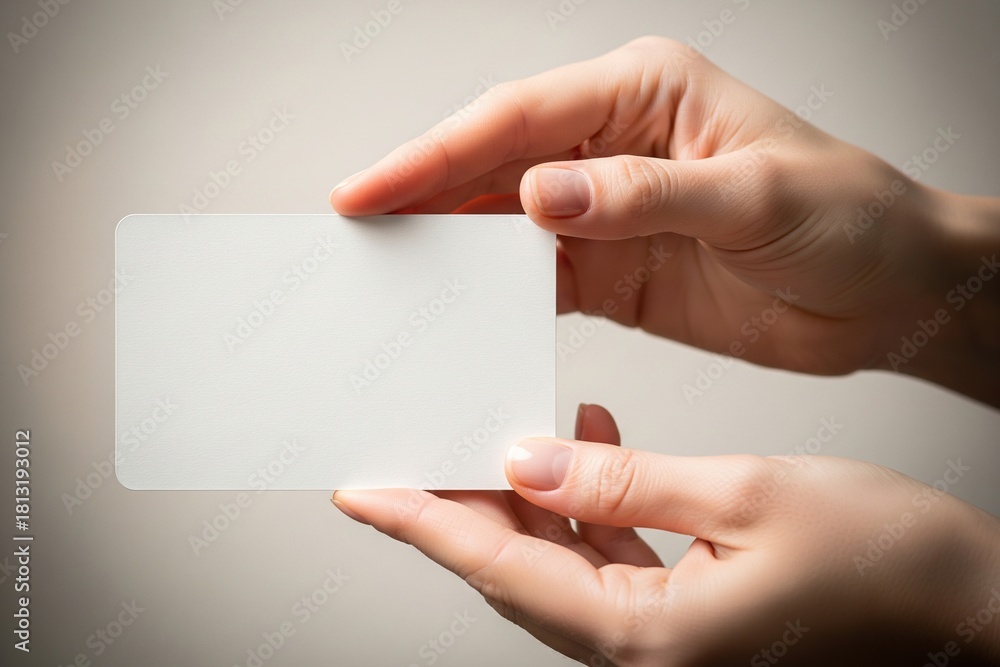 Fototapeta premium Female hands present a clean white card mockup, perfect for branding or message display, set against a smooth beige backdrop