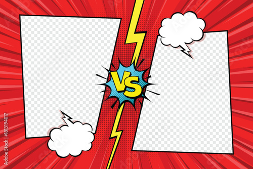 A pop art style battle or "versus" template, composed of two blank text areas, a torn paper rip effect down the middle, small speech bubbles, and a duo-tone radial burst background